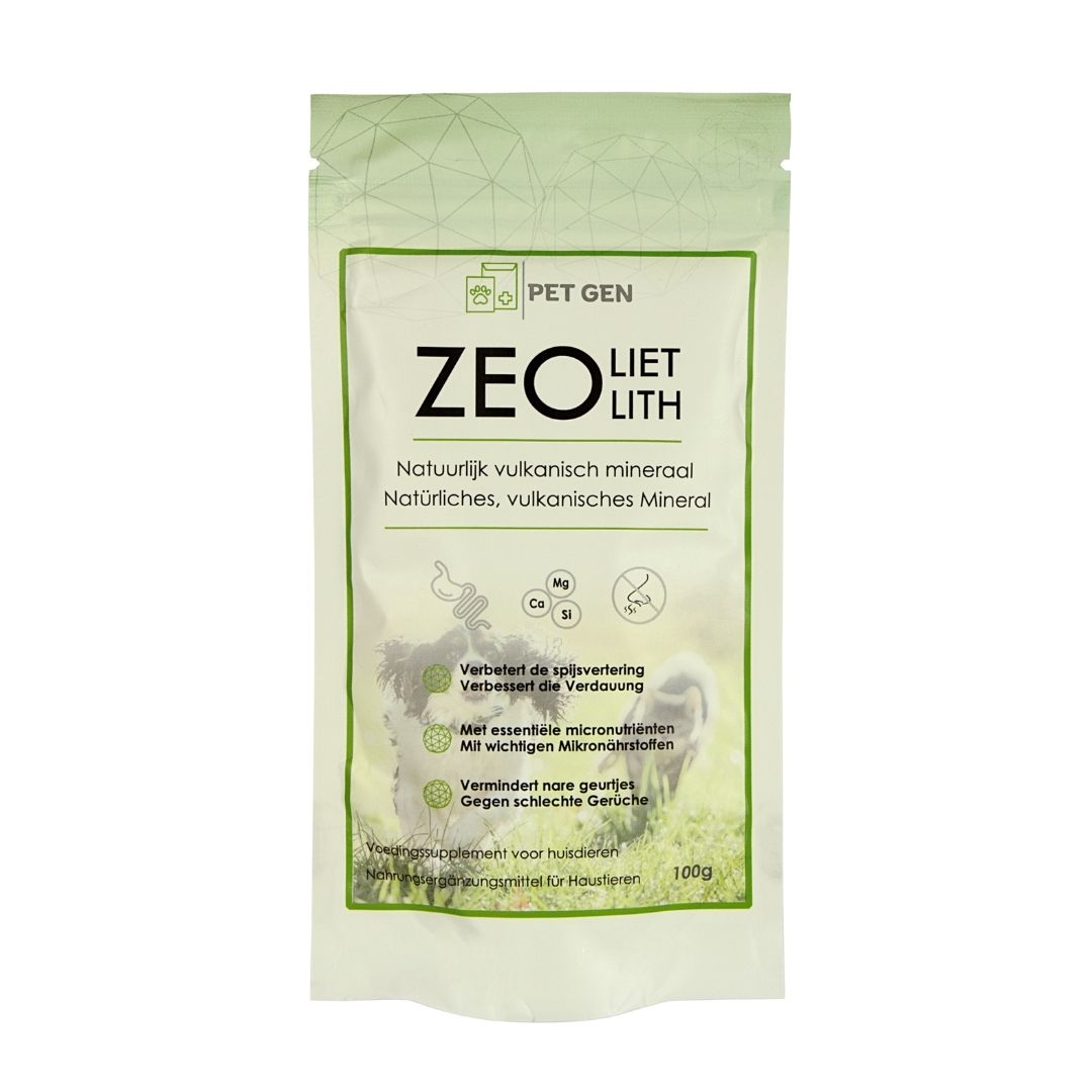 Hond en kat met rustige buik en gezonde spijsvertering na gebruik van Pet-Gen Zeoliet: natuurlijke ondersteuning voor detox, darmen en stoelgang.