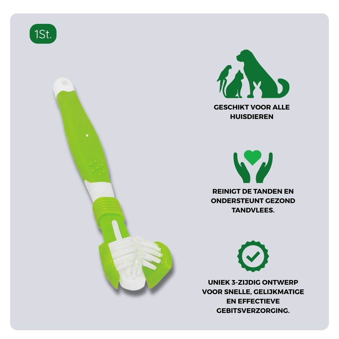 Overzicht van materiaal en toepassing van de TraumaPet 3-zijdige Tandenborstel. Ontworpen om tandplak aan drie zijden tegelijk te verwijderen en gezond tandvlees te ondersteunen bij hond en kat.