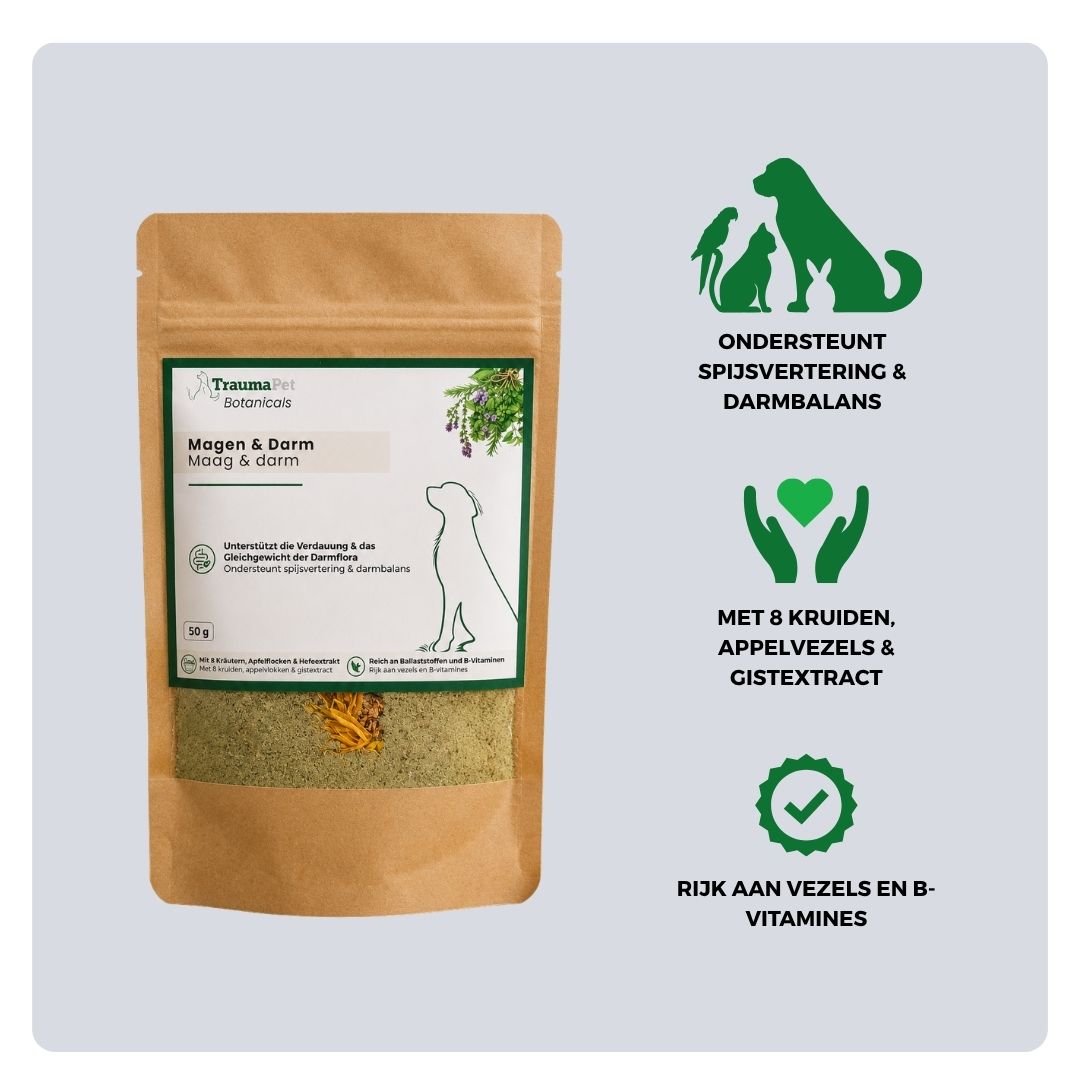 Ingrediënten en gebruik van TraumaPet Botanicals Maag & Darmen voor ondersteuning van spijsvertering en darmgezondheid