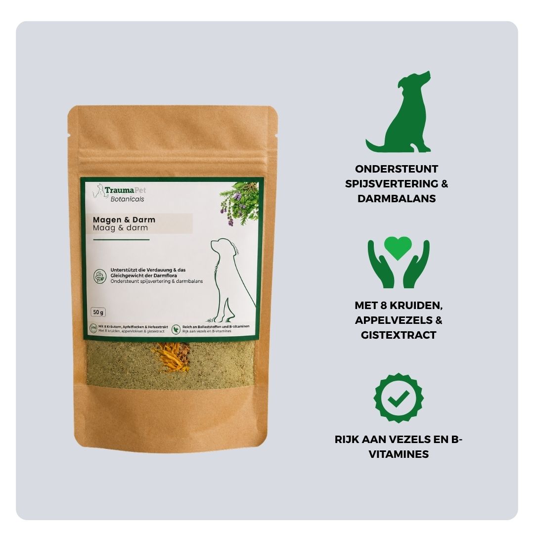 Ingrediënten en gebruik van TraumaPet Botanicals Maag & Darmen voor ondersteuning van spijsvertering en darmgezondheid