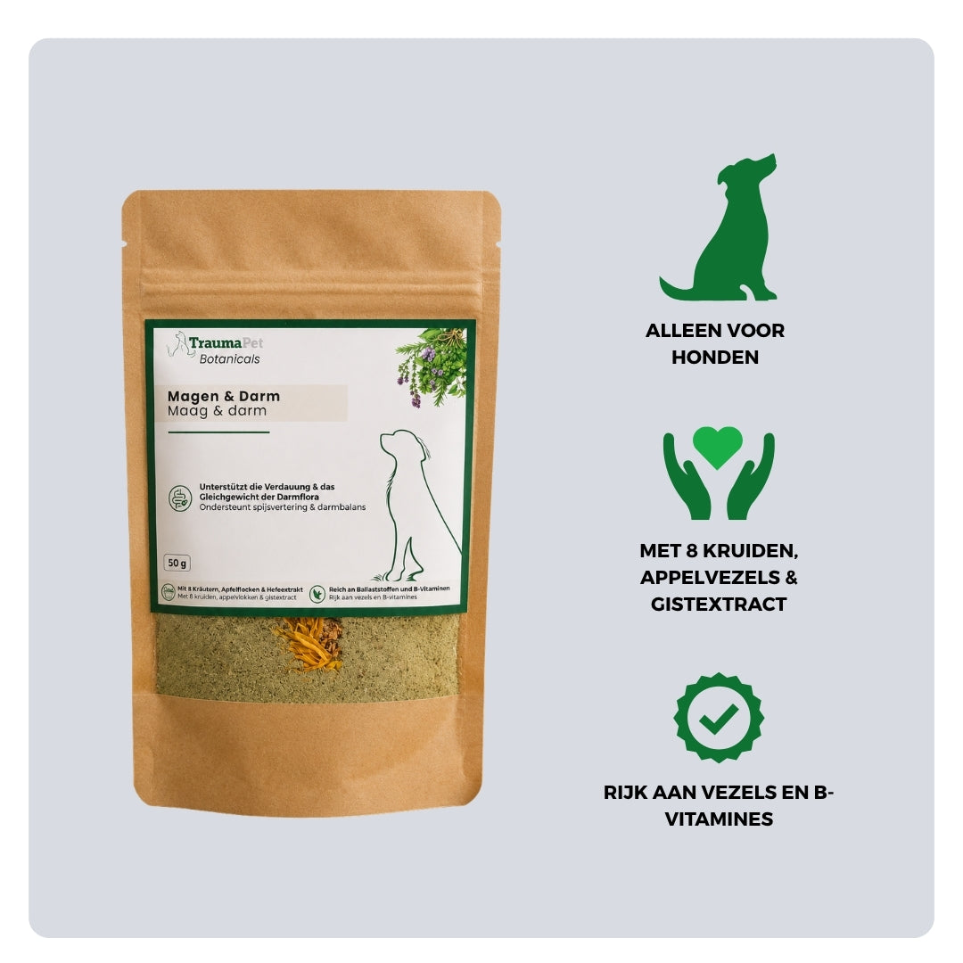 Ingrediënten en gebruik van TraumaPet Botanicals Maag & Darmen voor ondersteuning van spijsvertering en darmgezondheid