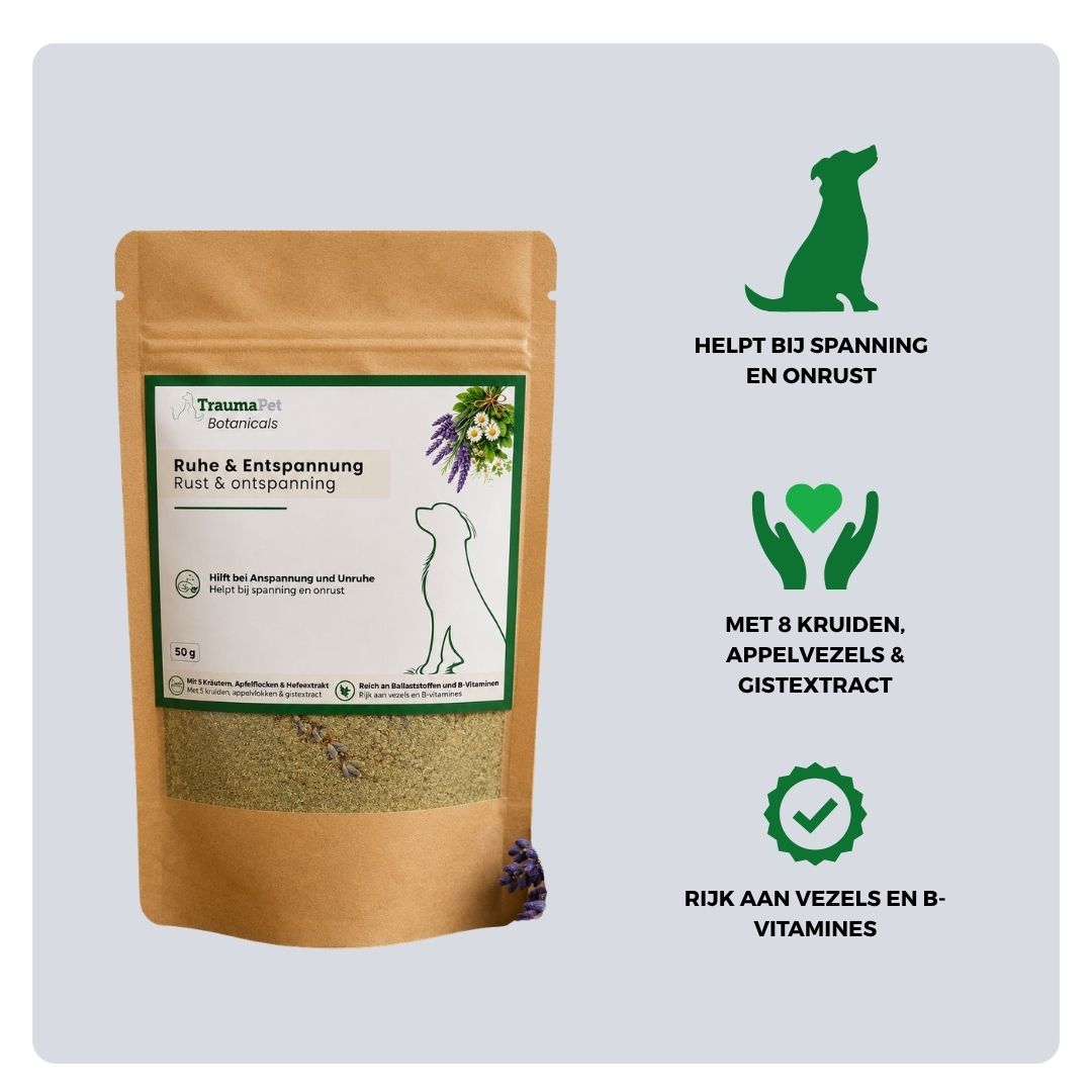 Ingrediënten en gebruik van TraumaPet Botanicals Rust & Ontspanning voor ondersteuning van ontspanning en stressvermindering