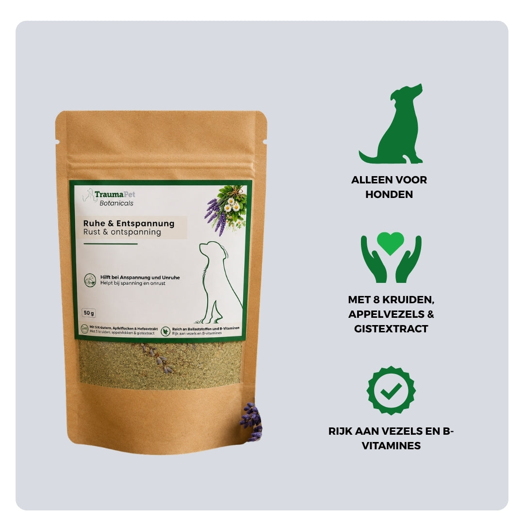 Ingrediënten en gebruik van TraumaPet Botanicals Rust & Ontspanning voor ondersteuning van ontspanning en stressvermindering