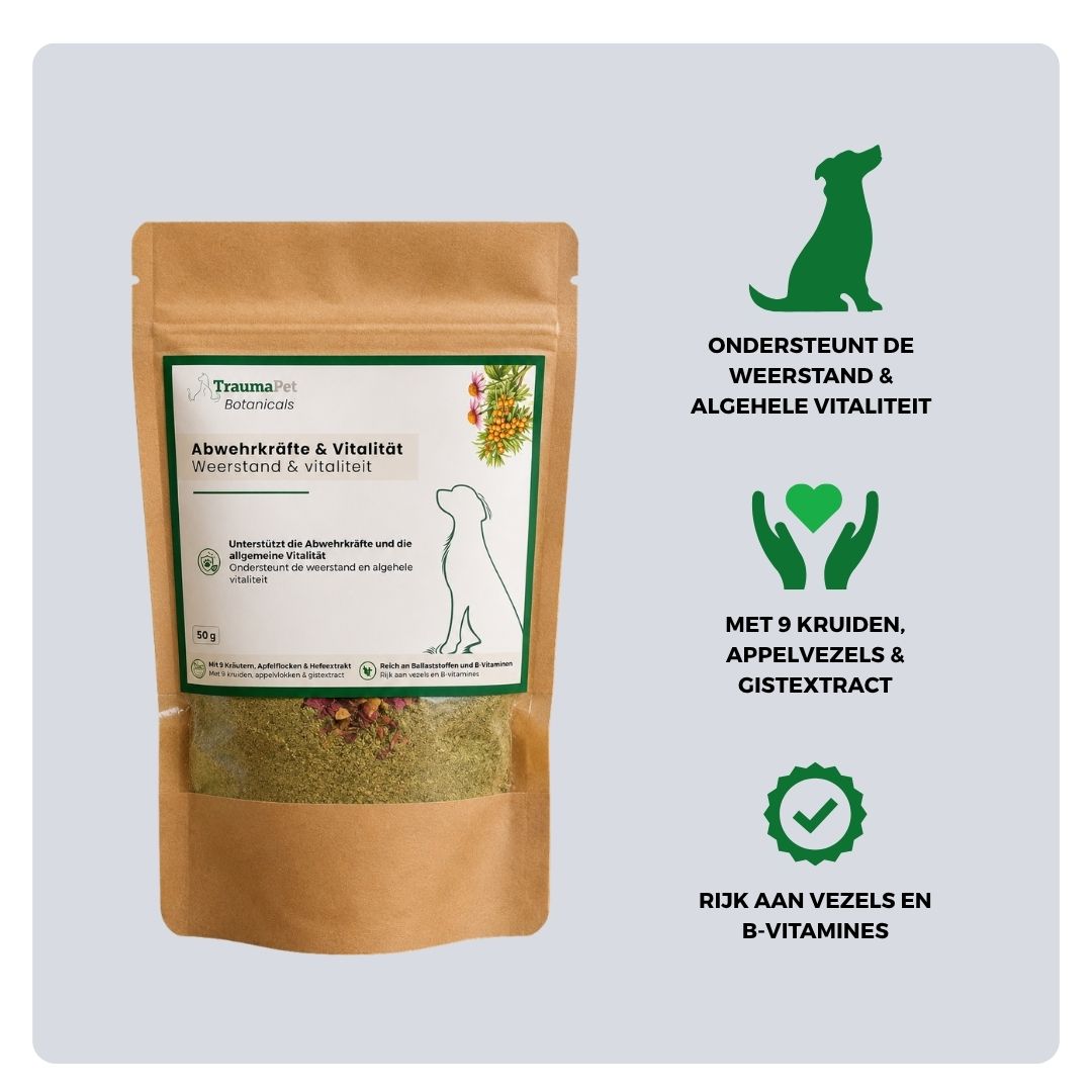 Ingrediënten en gebruik van TraumaPet Botanicals Weerstand & Vitaliteit voor ondersteuning van immuunsysteem en energie
