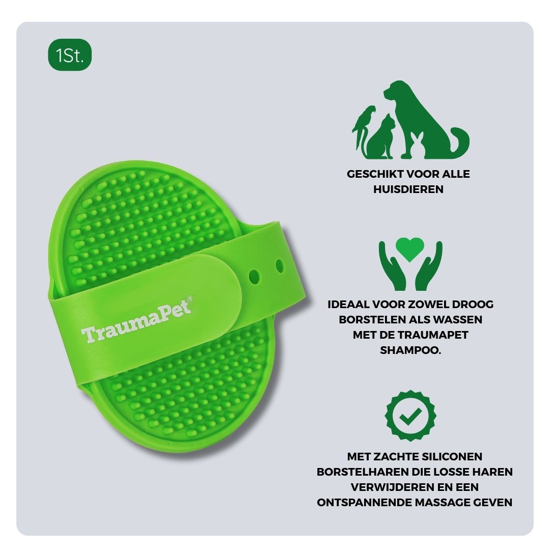 Overzicht van materiaal en toepassing van de TraumaPet Massageborstel: gemaakt van zachte silicone, geschikt voor borstelen, wassen en masseren van de huid en vacht bij alle vachttypes, ook bij gevoelige huid.