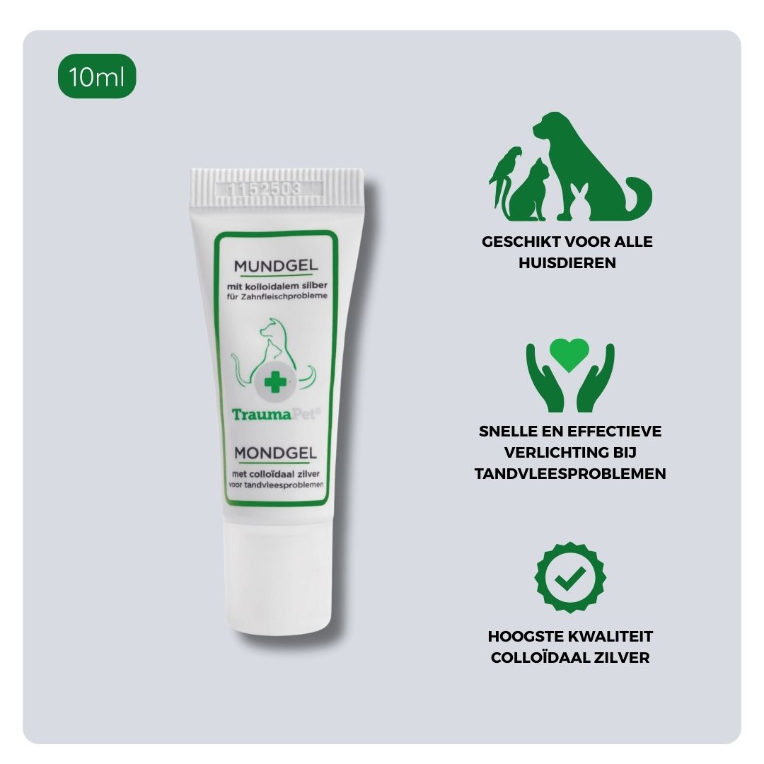 Overzicht van ingrediënten en toepassing van TraumaPet mondgel: met colloïdaal zilver, geschikt bij ontstoken of gevoelig tandvlees, wondjes in de mond en ter ondersteuning van herstel na gebitsbehandelingen bij hond en kat.