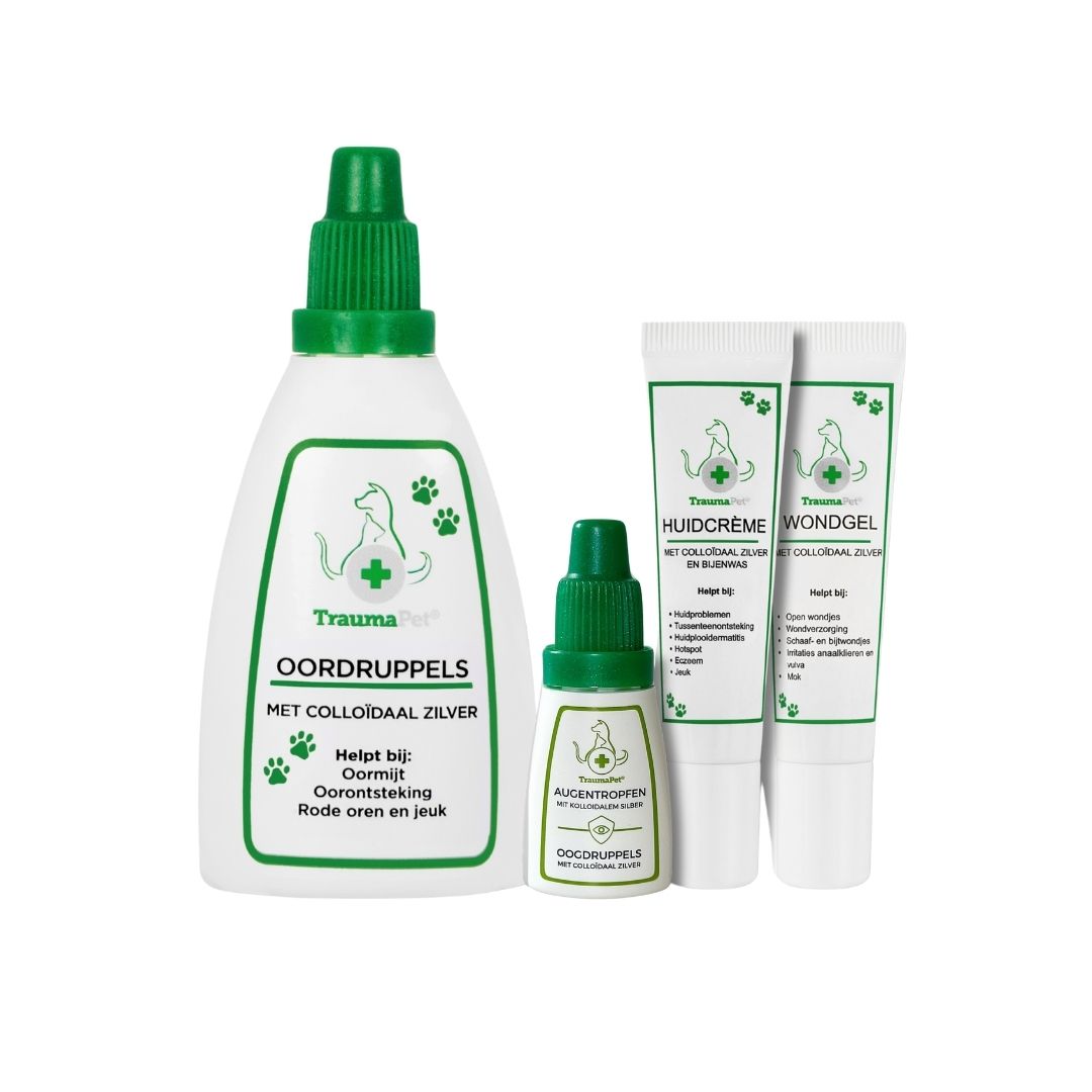 TraumaPet Must-have Set voor hond en kat: complete verzorgingsset met Oordruppels, Oogdruppels, Huidcreme en Wondgel voor snelle hulp en dagelijkse ondersteuning.