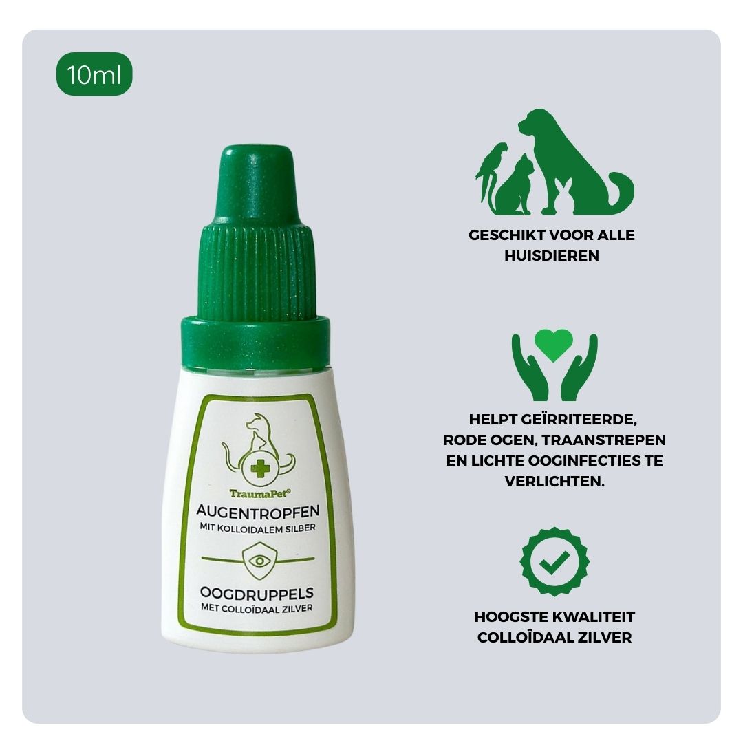 Overzicht van ingrediënten en toepassing van TraumaPet Oogdruppelsl, met colloïdaal zilver, geschikt bij roodheid, tranende ogen, lichte ontstekingen, vuil en ter ondersteuning van gezonde ogen bij hond en kat.