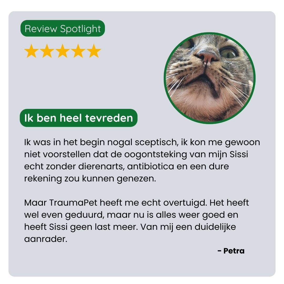 Tevreden klant deelt ervaring met TraumaPet Oogdruppels, snelle verlichting bij roodheid, tranende ogen en irritatie.