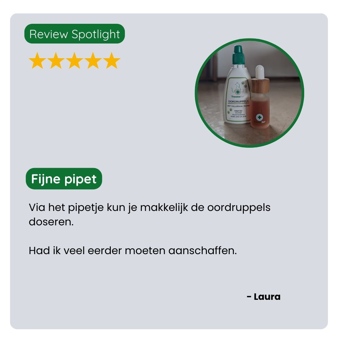 Klant deelt positieve ervaring met de TraumaPet pipet, eenvoudiger doseren, minder knoeien en rustiger aanbrengen bij hond en kat.