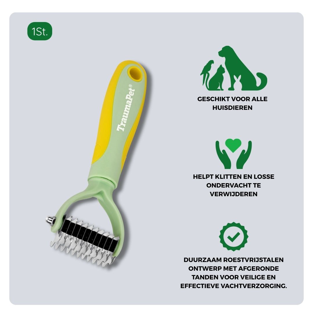 Overzicht van materiaal en toepassing van de TraumaPet Tweezijdige Ondervacht Kam. Gemaakt van roestvrij staal met afgeronde tanden, geschikt voor het verwijderen van dode ondervacht, klitten en losse haren bij middel- en langharige huisdieren.