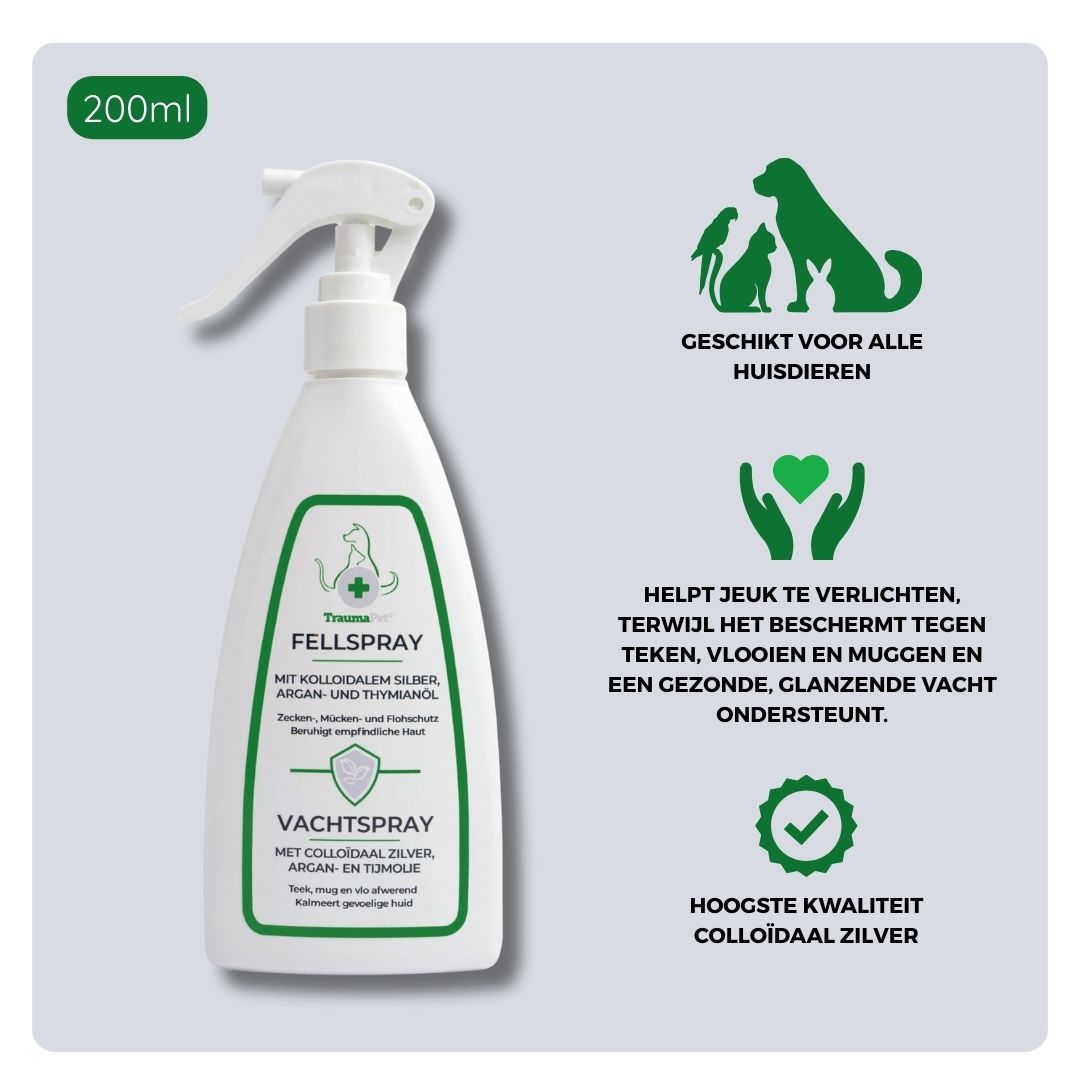 Overzicht van ingrediënten en toepassing van TraumaPet Vachtspray, met natuurlijke insectenwerende stoffen, geschikt ter bescherming tegen teken, muggen en vlooien en voor verzorging van een gezonde, gevoelige vacht.