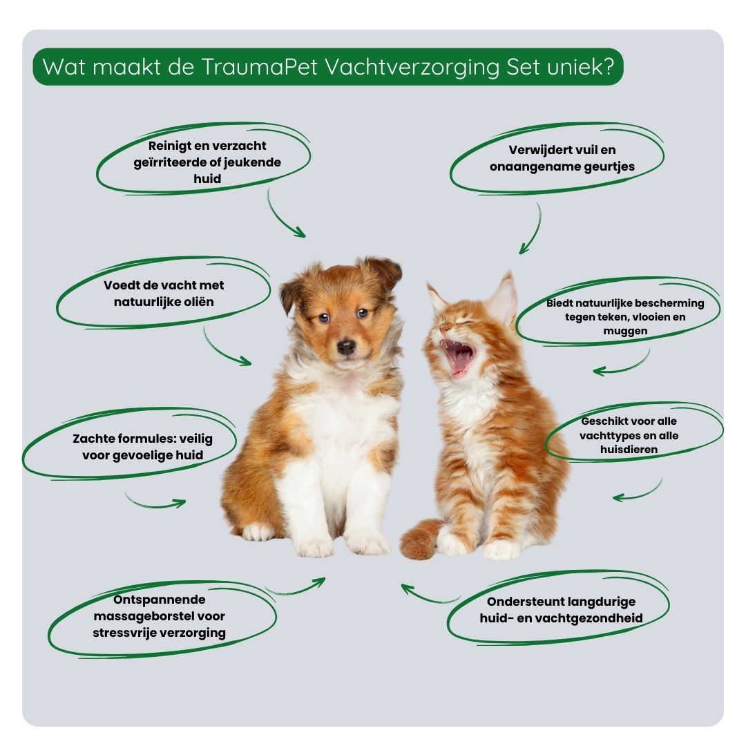 Overzicht van de voordelen van de TraumaPet Vachtverzorging Set: ondersteunt huid- en vachtgezondheid, vermindert irritatie, verzorgt de vacht en beschermt tegen externe prikkels.