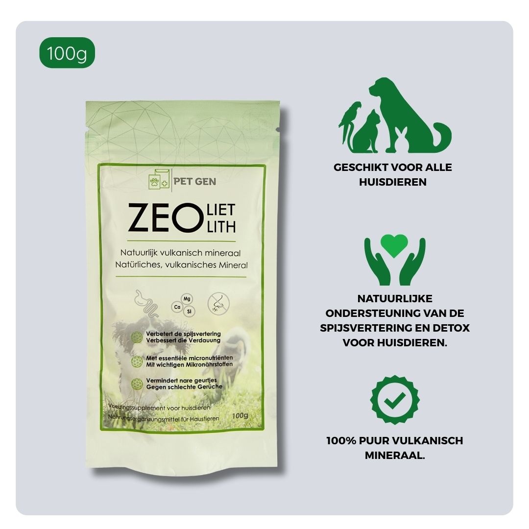 Overzicht van ingrediënten en toepassing van Pet-Gen Zeoliet 100g — natuurlijk Zeoliet, geschikt voor ondersteuning van spijsvertering, binding van toxines en bevordering van een regelmatige stoelgang bij hond en kat.