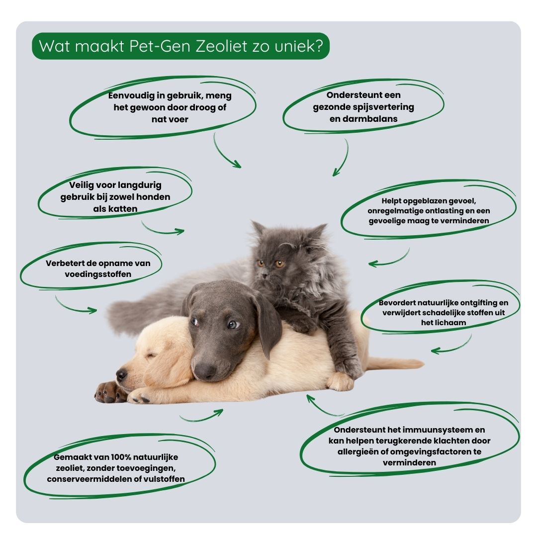 Overzicht van de voordelen van Pet-Gen Zeoliet: ondersteunt darmgezondheid, bindt toxines, vermindert maag-darmklachten en bevordert een gezonde stoelgang.