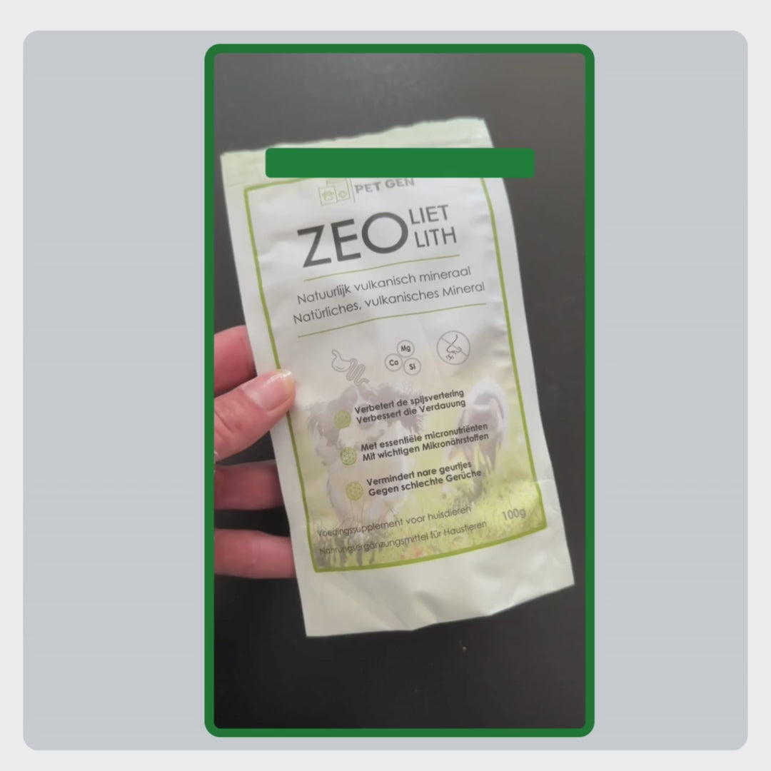 Video-uitleg hoe Pet-Gen Zeoliet correct wordt gebruikt: dosering bepalen op basis van gewicht, mengen met nat of droog voer en consequent dagelijks geven.