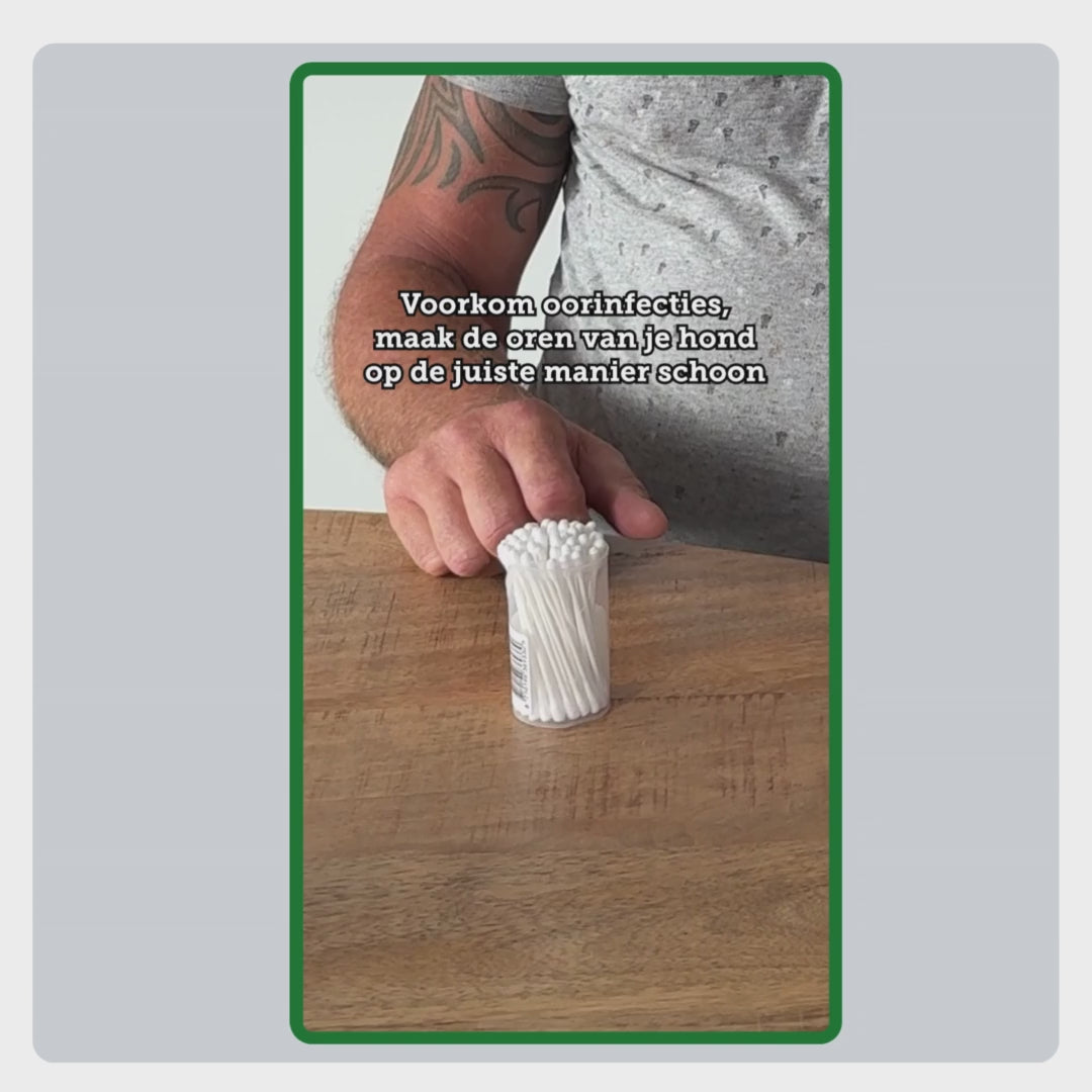 Stapsgewijze video over het gebruik van TraumaPet Oordruppels, reinigen, 10–20 druppels aanbrengen, masseren en overtollige vloeistof wegvegen.