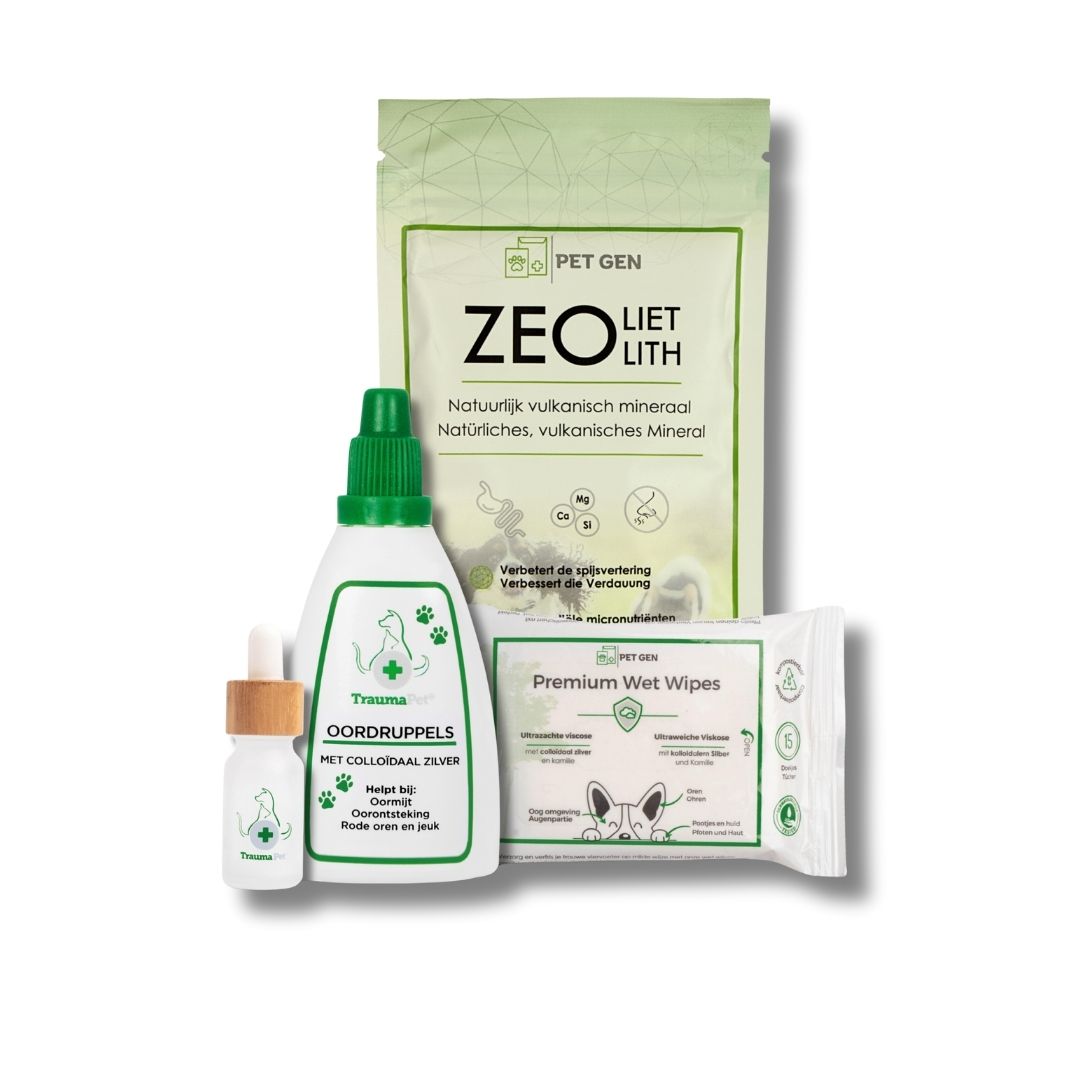 TraumaPet Anti-Jeuk Set: Oor voor hond en kat: complete oorverzorgingsset met Oordruppels, Pipet, Premium Wet Wipes en Zeoliet voor jeukvrije, gezonde oren.