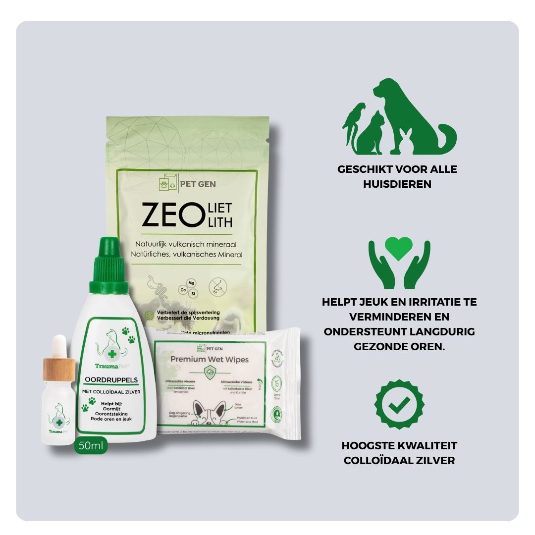 Overzicht van inhoud en toepassing van de TraumaPet Anti-Jeuk Set: Oor: combinatie van uitwendige oorverzorging en interne ondersteuning, geschikt bij jeuk, roodheid, oorsmeer en terugkerende oorproblemen bij hond en kat.