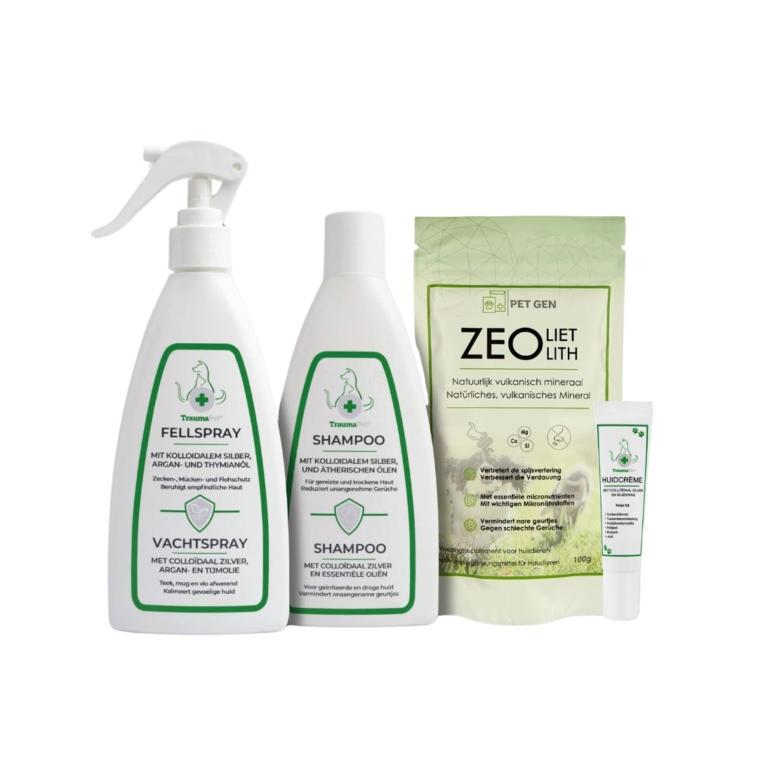 TraumaPet Anti-Jeuk Set Z+ voor hond en kat: complete set tegen jeuk en huidirritatie met Shampoo, Vachtspray, Huidcreme en Zeoliet voor uitwendige én inwendige ondersteuning.