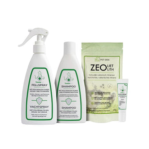 TraumaPet Anti-Jeuk Set Z+ voor hond en kat: complete set tegen jeuk en huidirritatie met Shampoo, Vachtspray, Huidcreme en Zeoliet voor uitwendige én inwendige ondersteuning.