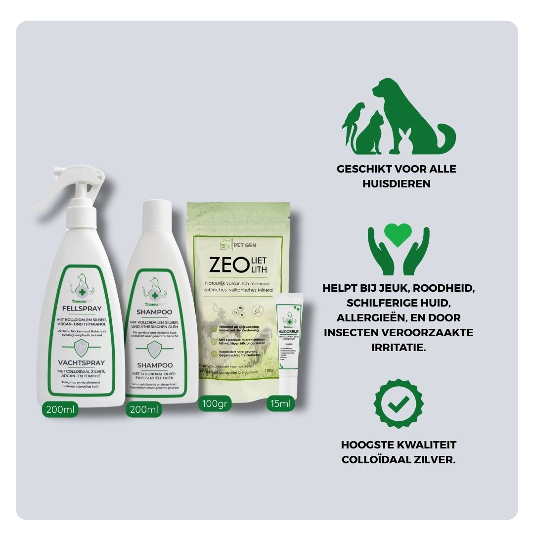 Overzicht van inhoud en toepassing van de TraumaPet Anti-Jeuk Set Z+: combinatie van huidverzorging en interne ondersteuning, geschikt bij jeuk, roodheid, gevoelige huid en terugkerende huidproblemen bij hond en kat.