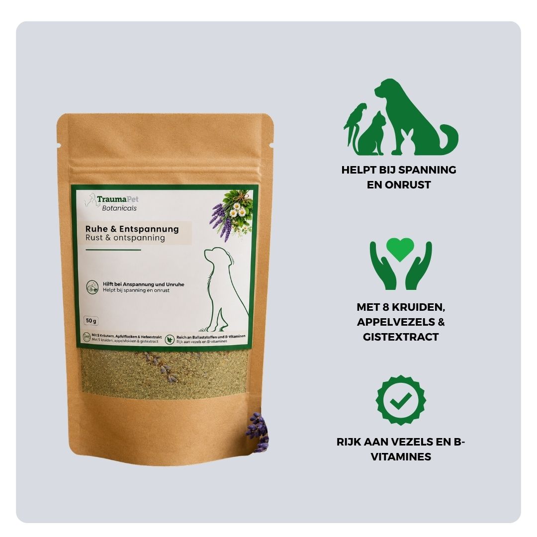 Ingrediënten en gebruik van TraumaPet Botanicals Rust & Ontspanning voor ondersteuning van ontspanning en stressvermindering
