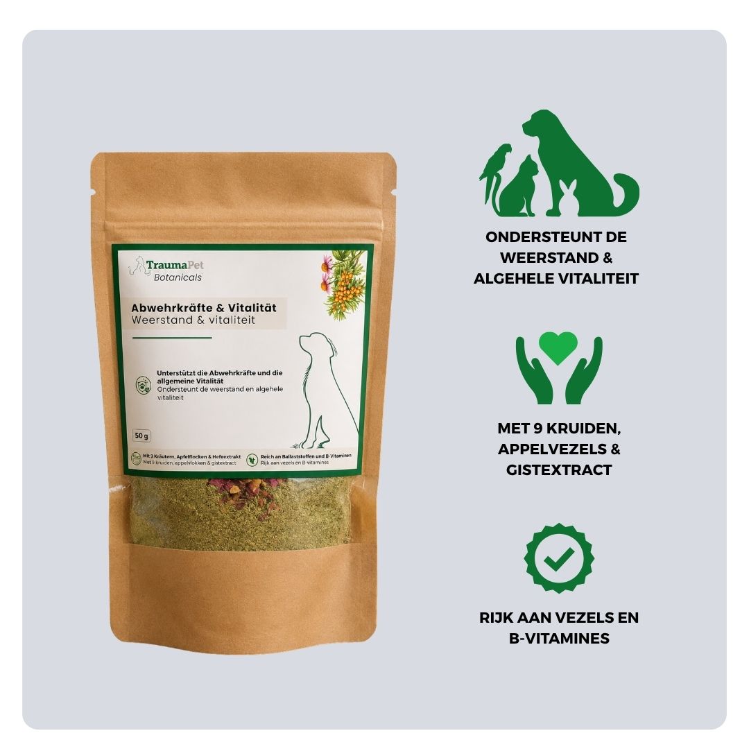 Ingrediënten en gebruik van TraumaPet Botanicals Weerstand & Vitaliteit voor ondersteuning van immuunsysteem en energie