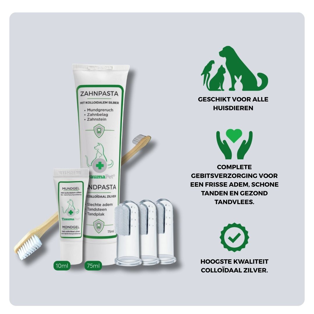 Overzicht van inhoud en toepassing van de TraumaPet Gebitsverzorging Set: combinatie van tandpasta, Mondgel, vingertandenborstels en bamboe tandenborstel voor het verwijderen van tandplak, ondersteunen van tandvlees en frisse adem bij hond en kat.