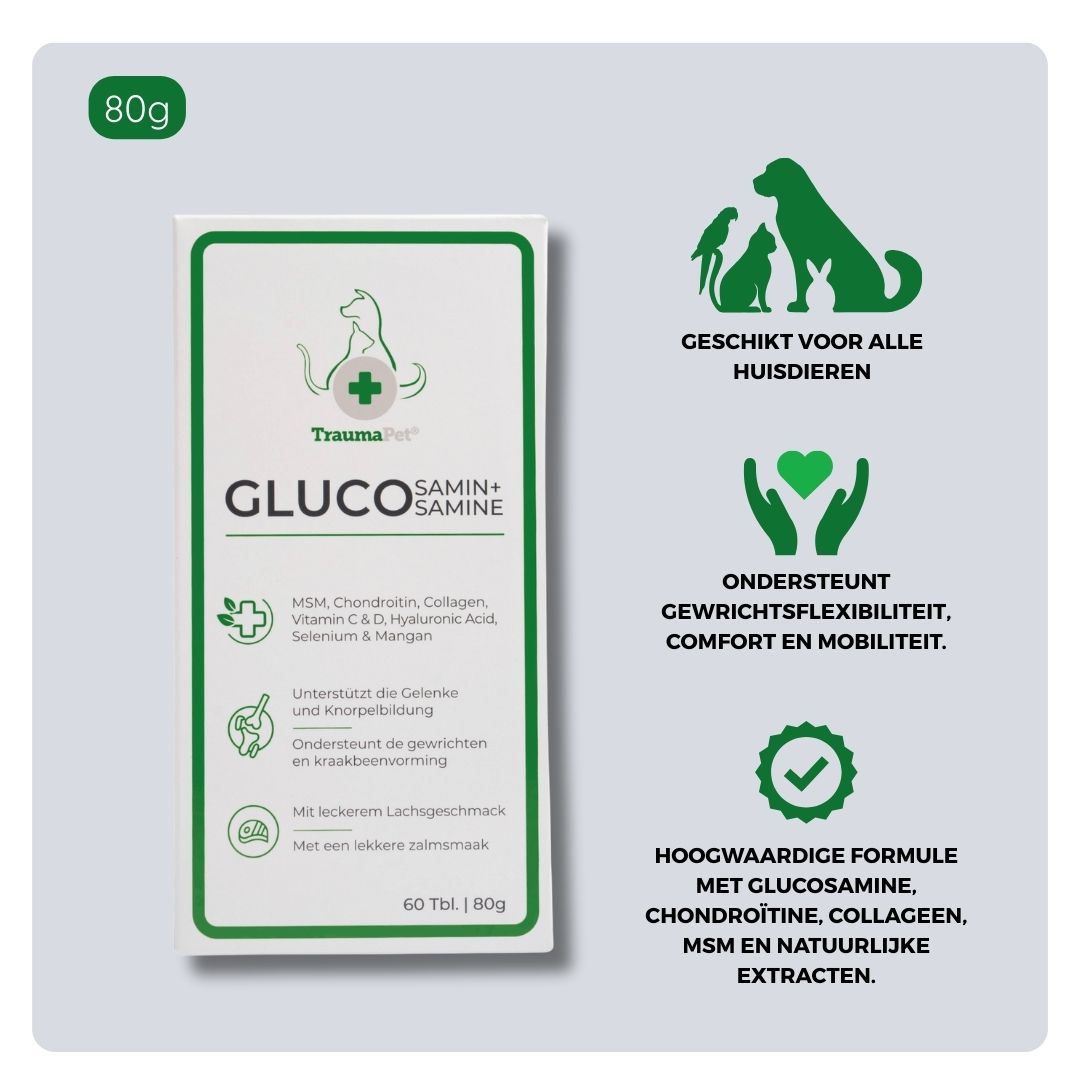 Overzicht van ingrediënten en toepassing van TraumaPet Glucosamine+. Met glucosamine en ondersteunende nutriënten, geschikt bij stijve gewrichten, verminderde mobiliteit en ter ondersteuning van gezonde gewrichtsfunctie bij hond en kat.
