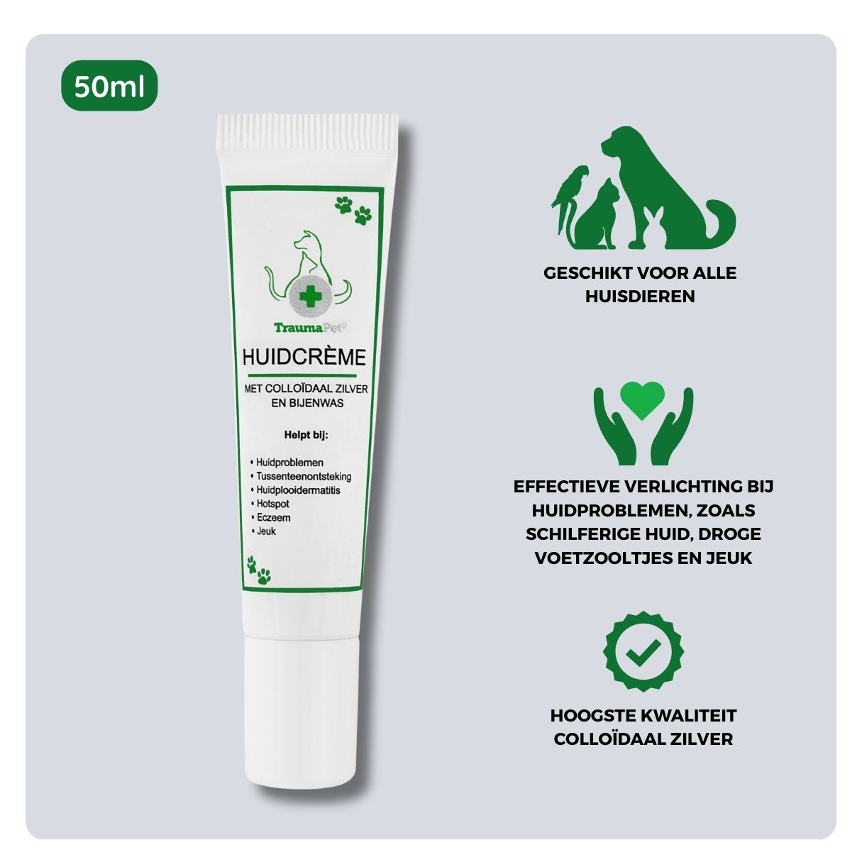 Overzicht van ingrediënten en toepassing van TraumaPet huidcreme 50ml: met colloïdaal zilver en bijenwas, ideaal voor langdurig gebruik bij jeuk, roodheid, droge huid, huidplooien en ter ondersteuning van een sterke huidbarrière bij hond en kat.