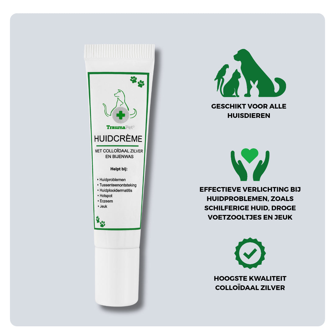 Overzicht van ingrediënten en toepassing van TraumaPet huidcreme: met colloïdaal zilver en bijenwas, geschikt bij jeuk, roodheid, droge plekken, schilfers, huidplooien en ter ondersteuning van de natuurlijke huidbarrière bij hond en kat.