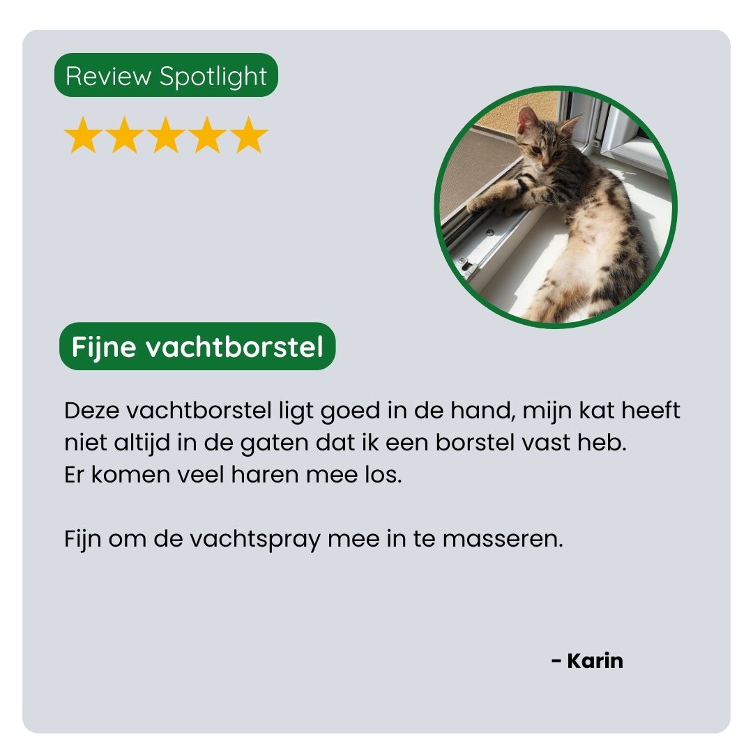 Klant deelt positieve ervaring met de TraumaPet Massageborstel: huisdier ontspant sneller, minder losse haren en prettig in gebruik tijdens het wassen.