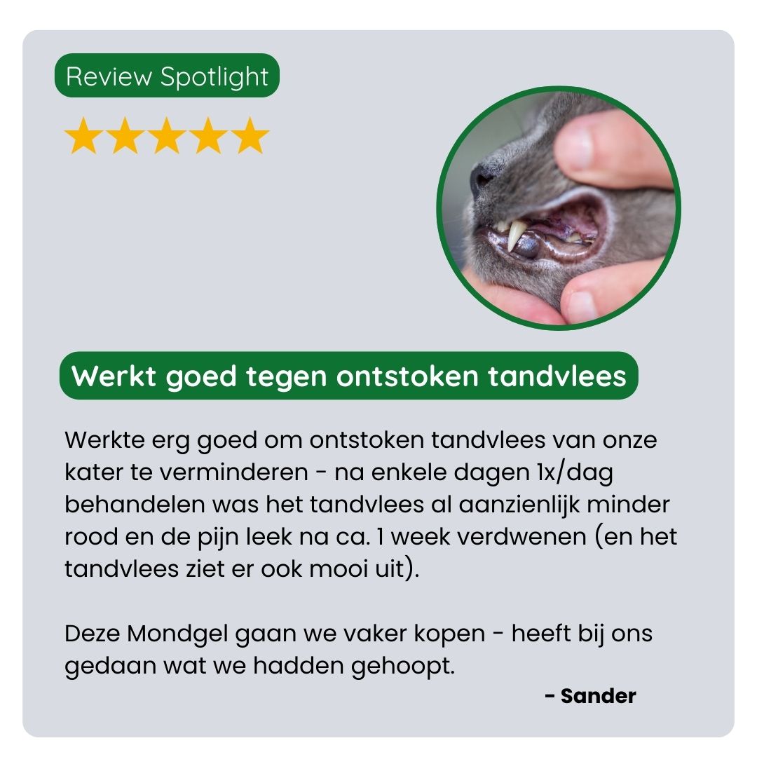 Klant deelt positieve ervaring met TraumaPet mondgel: snelle verlichting bij rood, pijnlijk of ontstoken tandvlees en een zichtbaar rustigere mond.