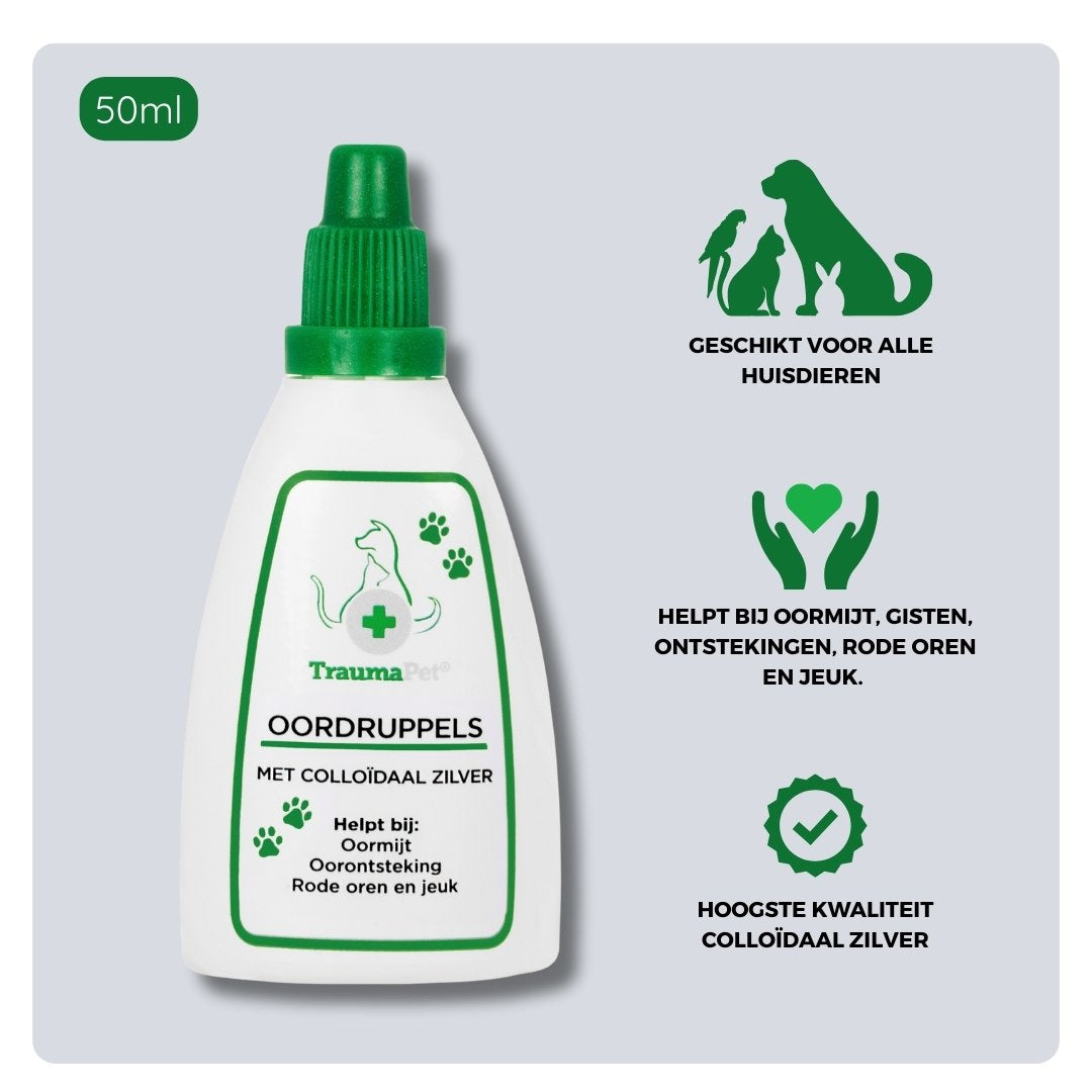 Overzicht van ingrediënten en toepassing van TraumaPet Oordruppels, met colloïdaal zilver, geschikt voor jeuk, roodheid, oorsmeer, mijten en ondersteuning van gezonde oren bij hond en kat.