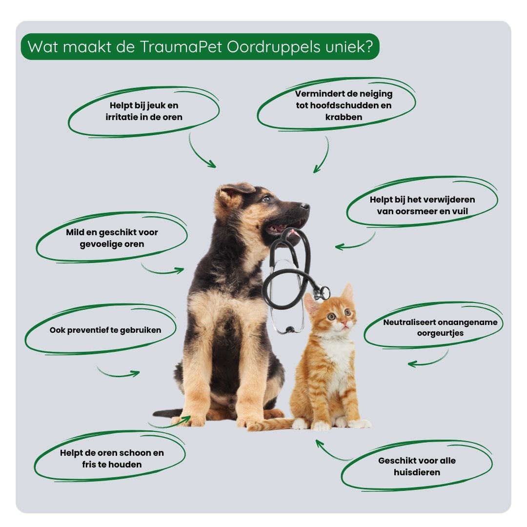 Overzicht van de voordelen van TraumaPet Oordruppels: verlicht jeuk, verwijdert oorsmeer, voorkomt mijten en bacteriegroei bij huisdieren.