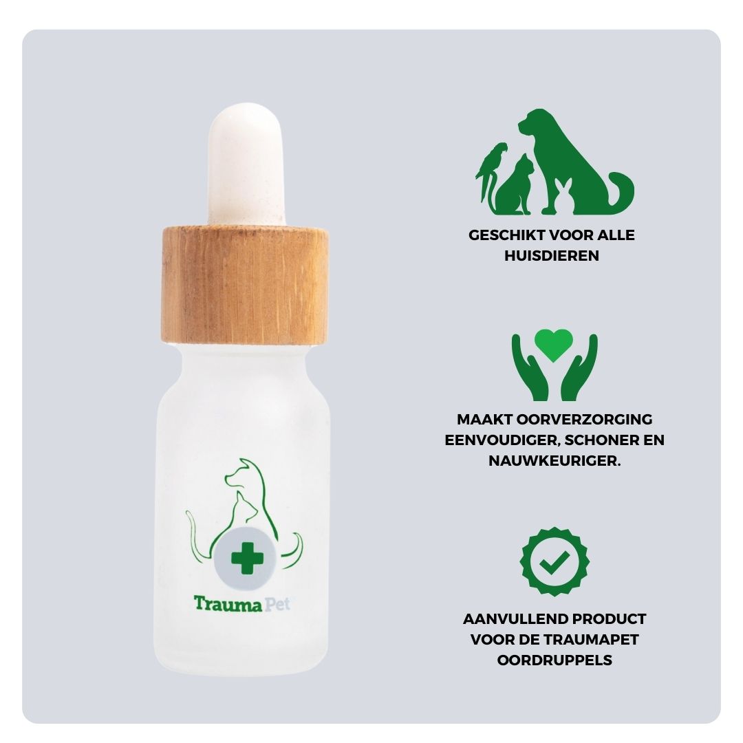 Overzicht van materiaal en toepassing van de TraumaPet pipet. Gemaakt van glas, geschikt voor het precies doseren van oordruppels en het comfortabel aanbrengen bij gevoelige oren van huisdieren.