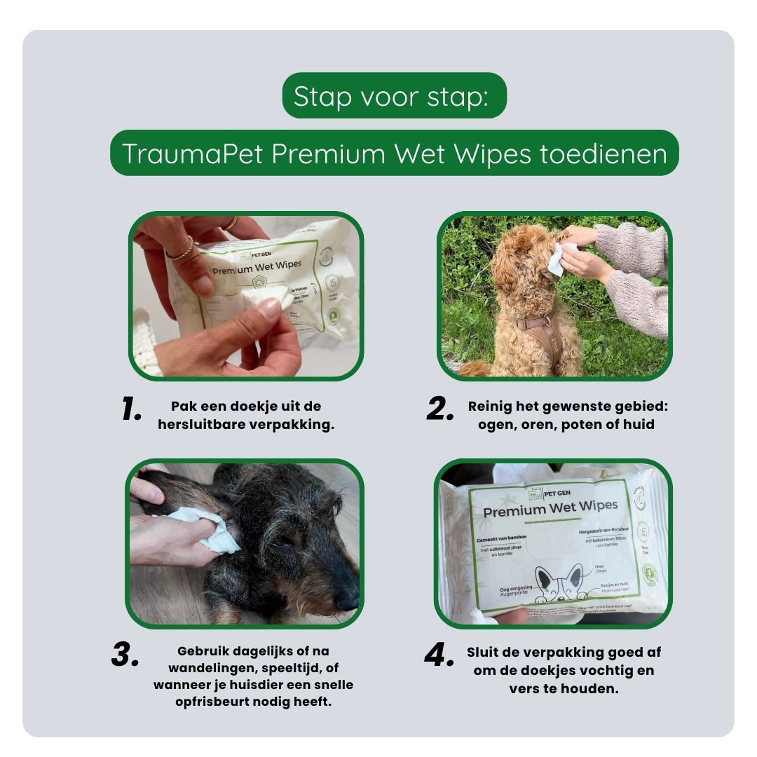 Stappenplan voor correct gebruik van TraumaPet Premium Wet Wipes: doekje pakken, zachtjes over de te reinigen zone wrijven en indien nodig herhalen.