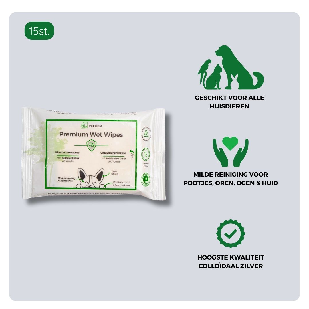 Overzicht van ingrediënten en toepassing van TraumaPet Premium Wet Wipes: extra dikke bamboe doekjes met colloïdaal zilver en kamille, geschikt voor het reinigen van ogen, oren, poten en huid bij hond en kat.