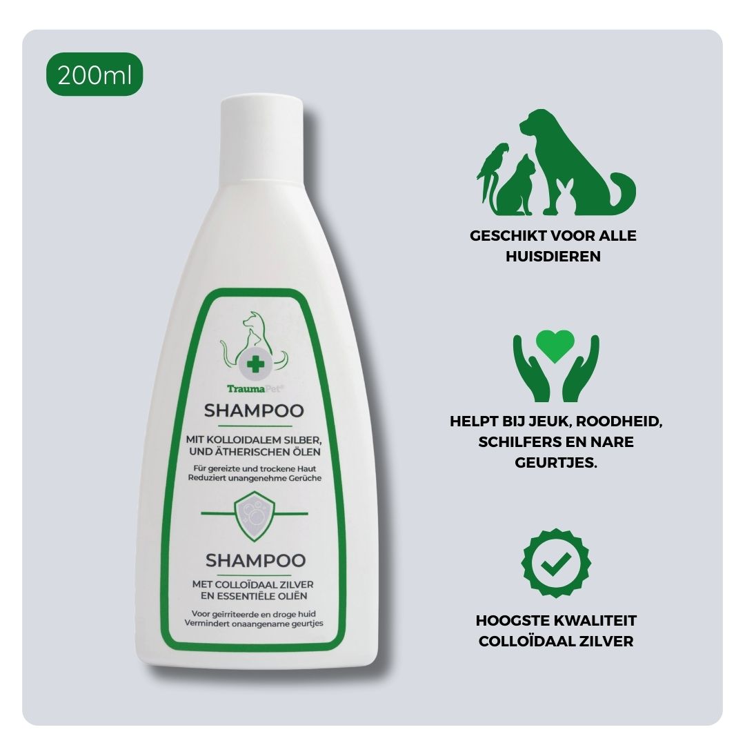 Overzicht van ingrediënten en toepassing van TraumaPet Shampoo, met colloïdaal zilver en verzorgende bestanddelen, geschikt bij jeuk, schilfers, geïrriteerde huid en ter ondersteuning van een gezonde vacht bij hond en kat.