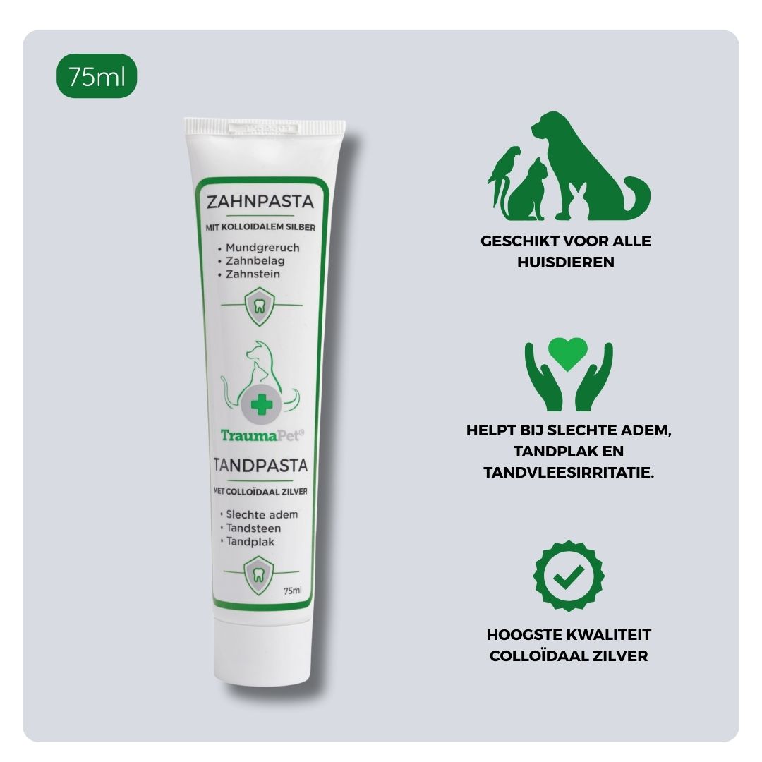 Overzicht van ingrediënten en toepassing van TraumaPet Tandpasta, met colloïdaal zilver, geschikt voor het verwijderen van tandplak, het voorkomen van tandsteen en het ondersteunen van gezond tandvlees bij hond en kat.