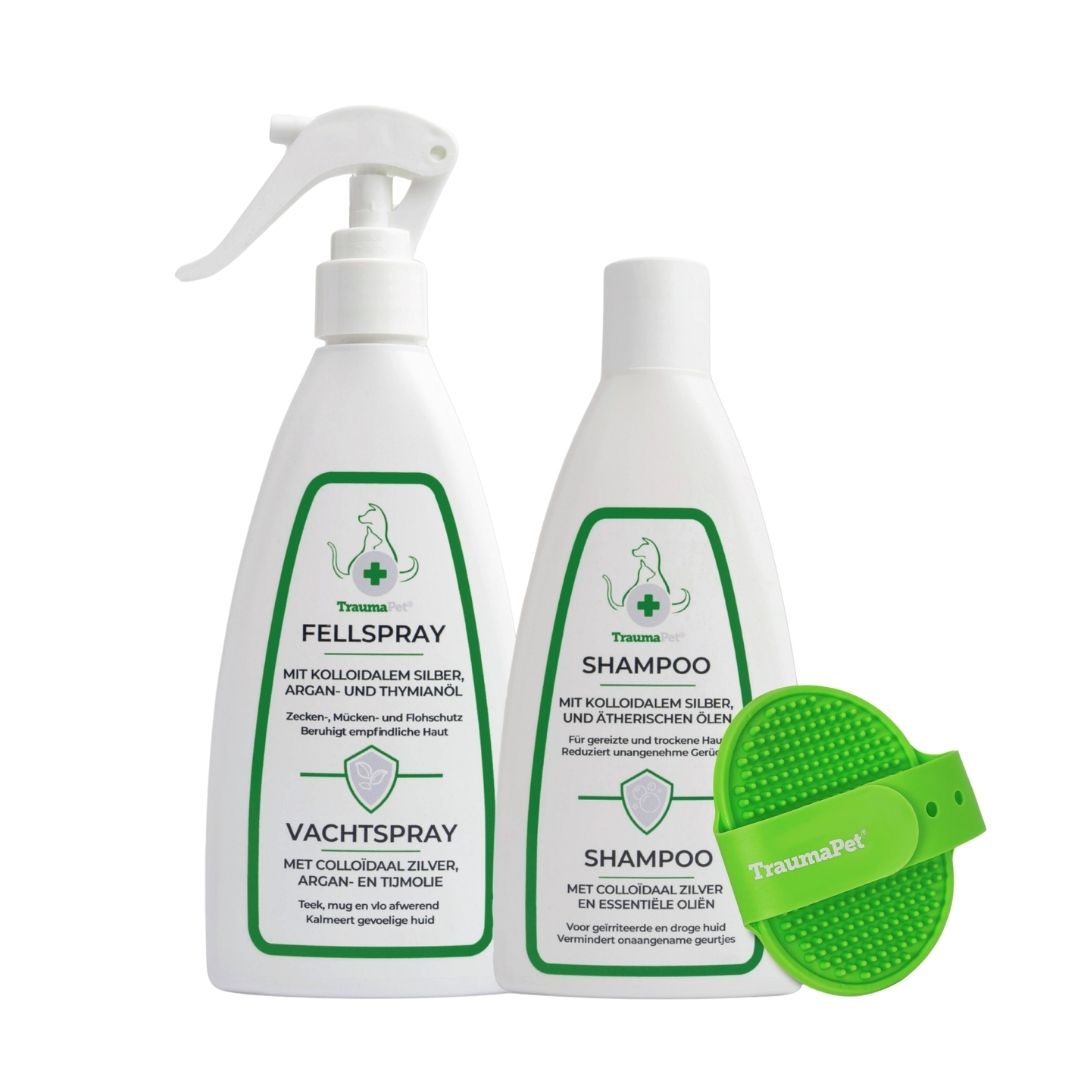TraumaPet Vachtverzorging Set voor hond en kat: complete set met Shampoo, Vachtspray en Massageborstel voor een schone, gezonde en glanzende vacht.