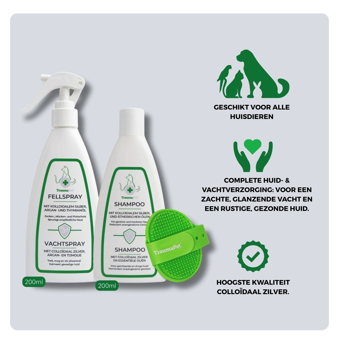 Overzicht van inhoud en toepassing van de TraumaPet Vachtverzorging Set: combinatie van milde reiniging, natuurlijke bescherming tegen insecten en zachte vachtverzorging, geschikt voor alle vachttypes en gevoelige huid bij hond en kat.