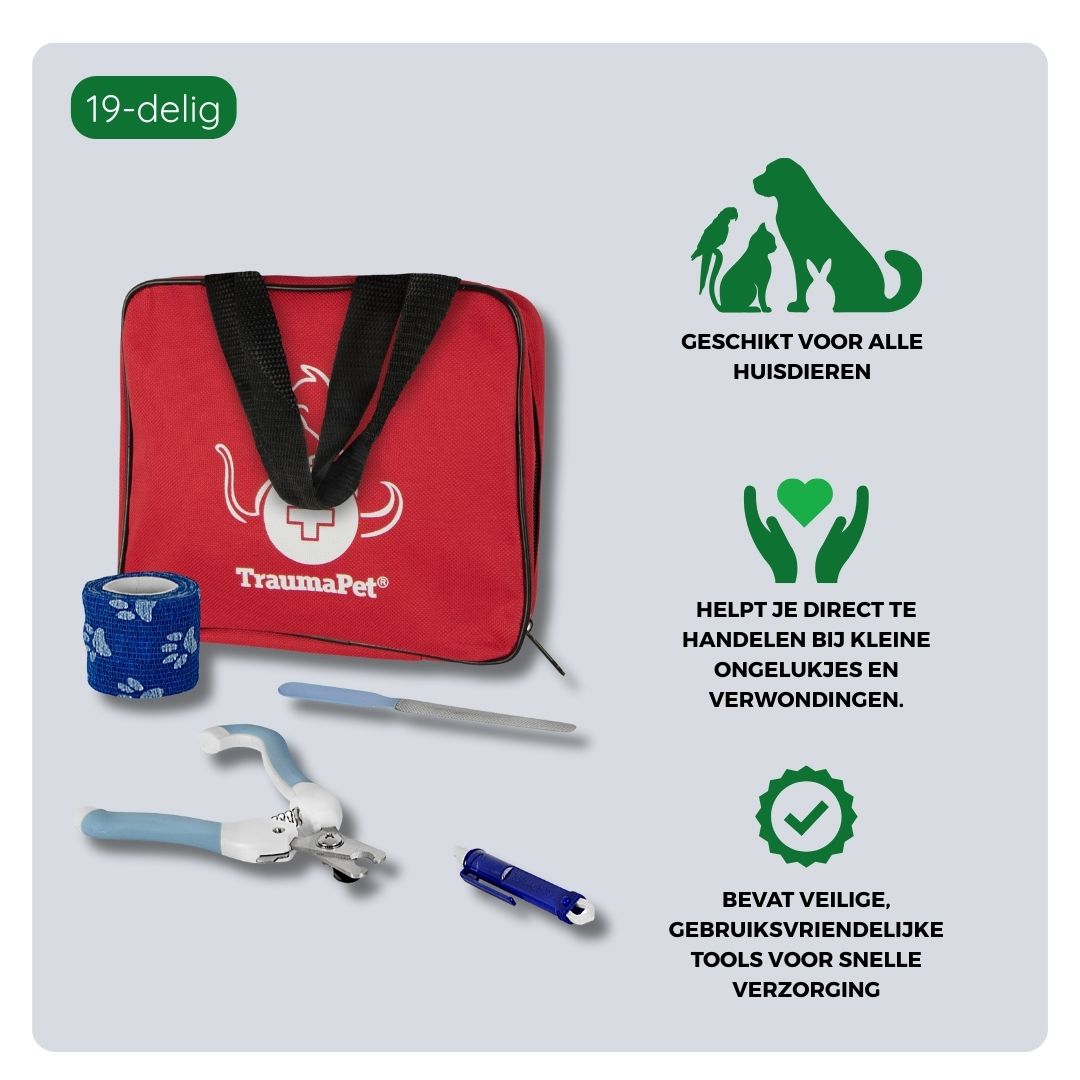 Overzicht van inhoud en toepassing van de TraumaPet Verzorgingskit. Complete set met EHBO-benodigdheden en verzorgingstools voor wondverzorging, grooming en veiligheid bij hond en kat, thuis en onderweg.