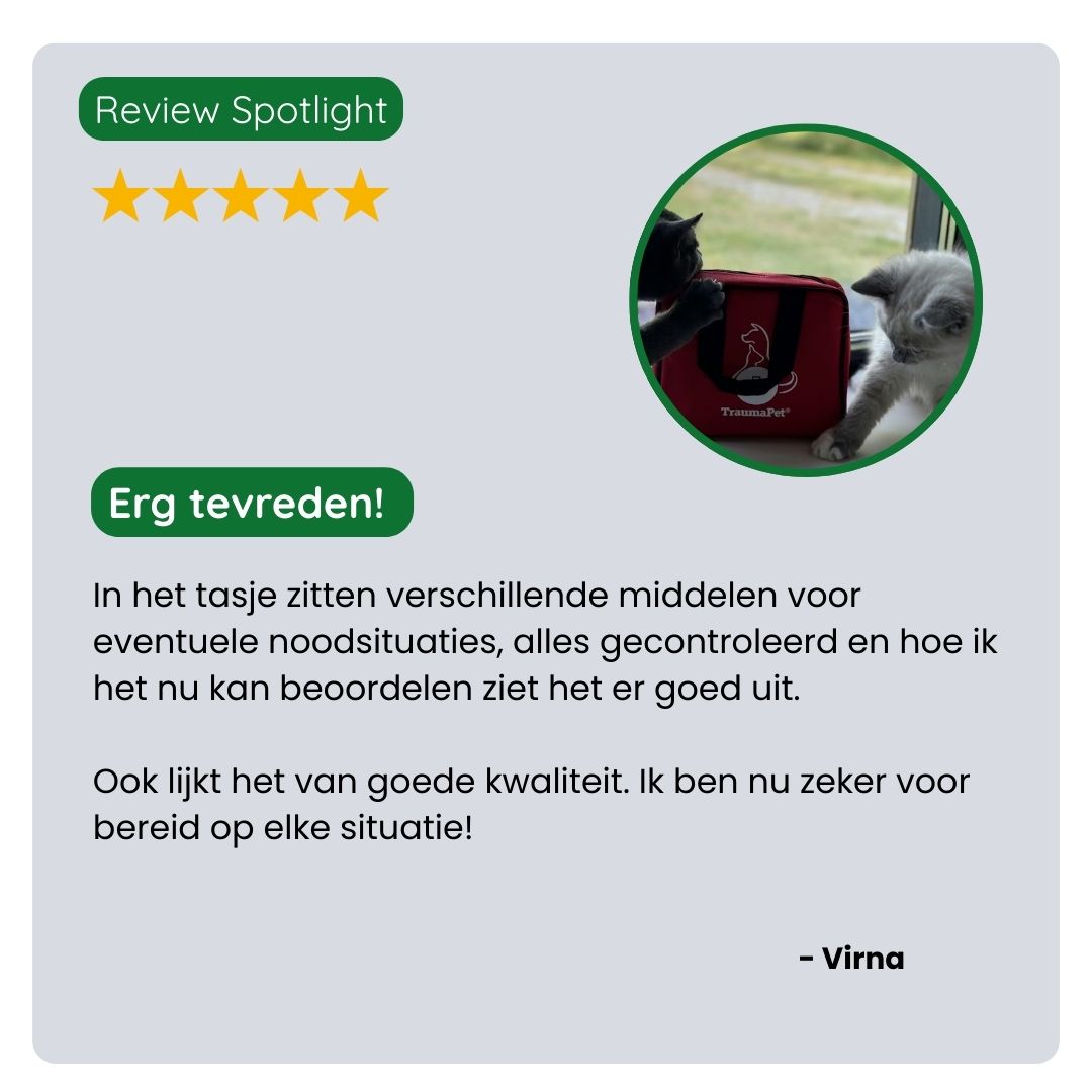 Klant deelt positieve ervaring met de TraumaPet Verzorgingskit: altijd voorbereid op kleine verwondingen, praktische tools en handig voor thuis en op reis.