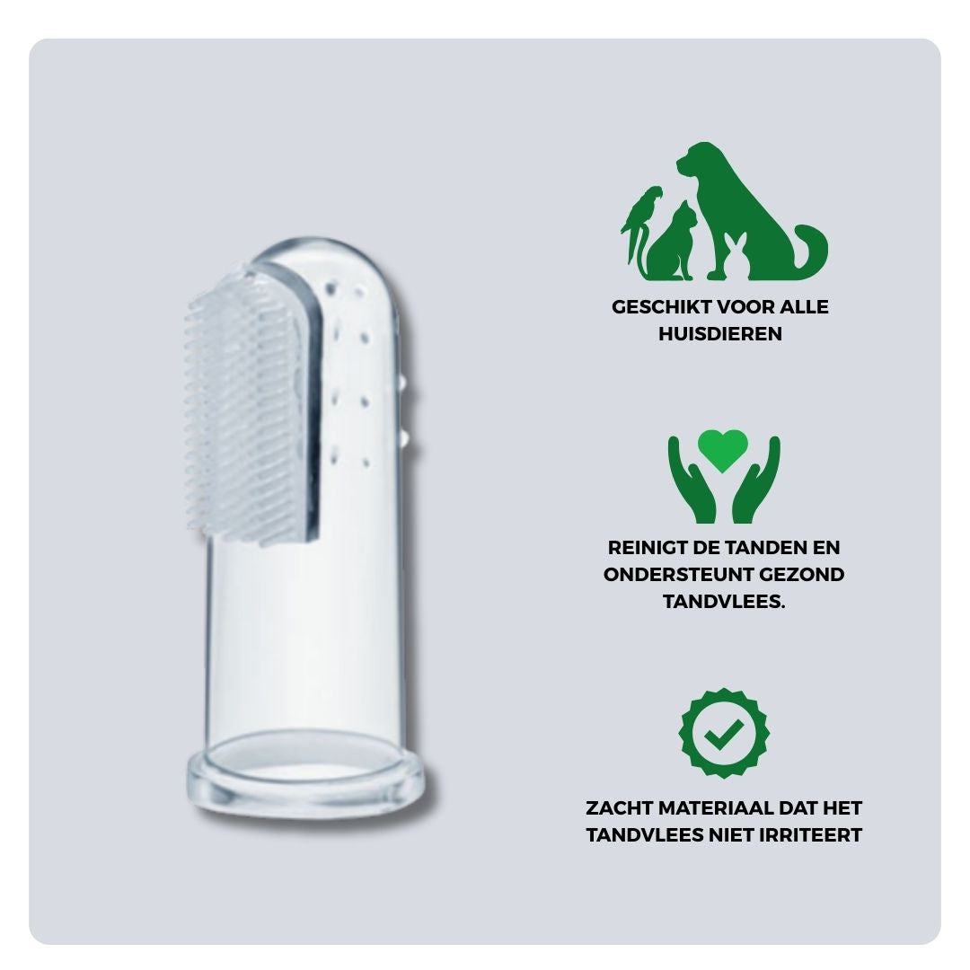 Overzicht van materiaal en toepassing van de TraumaPet Vingertandenborstel (3x). Gemaakt van flexibel rubber, geschikt voor het verwijderen van tandplak en het masseren van tandvlees bij hond en kat.