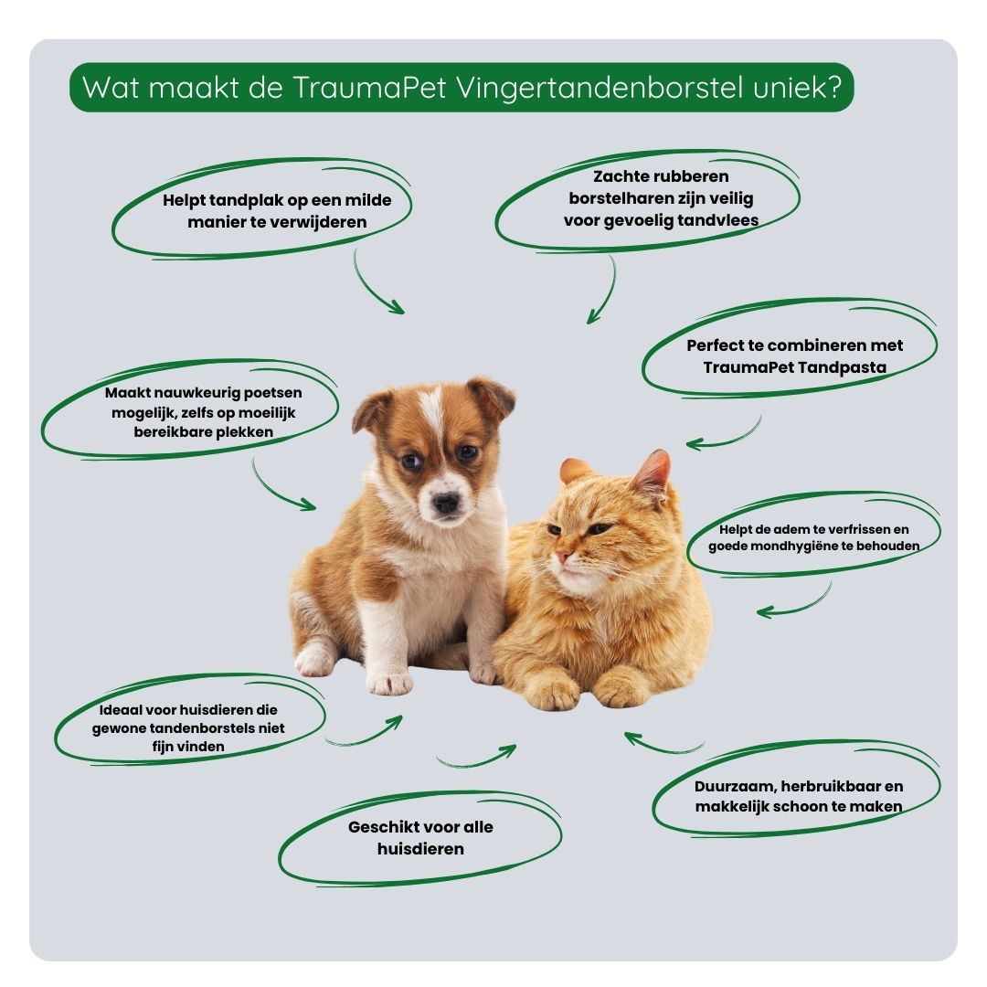 Overzicht van de voordelen van de TraumaPet Vingertandenborstel: nauwkeurige reiniging, zacht voor gevoelig tandvlees, ideaal voor wennen aan tandenpoetsen en geschikt voor dagelijks gebruik.