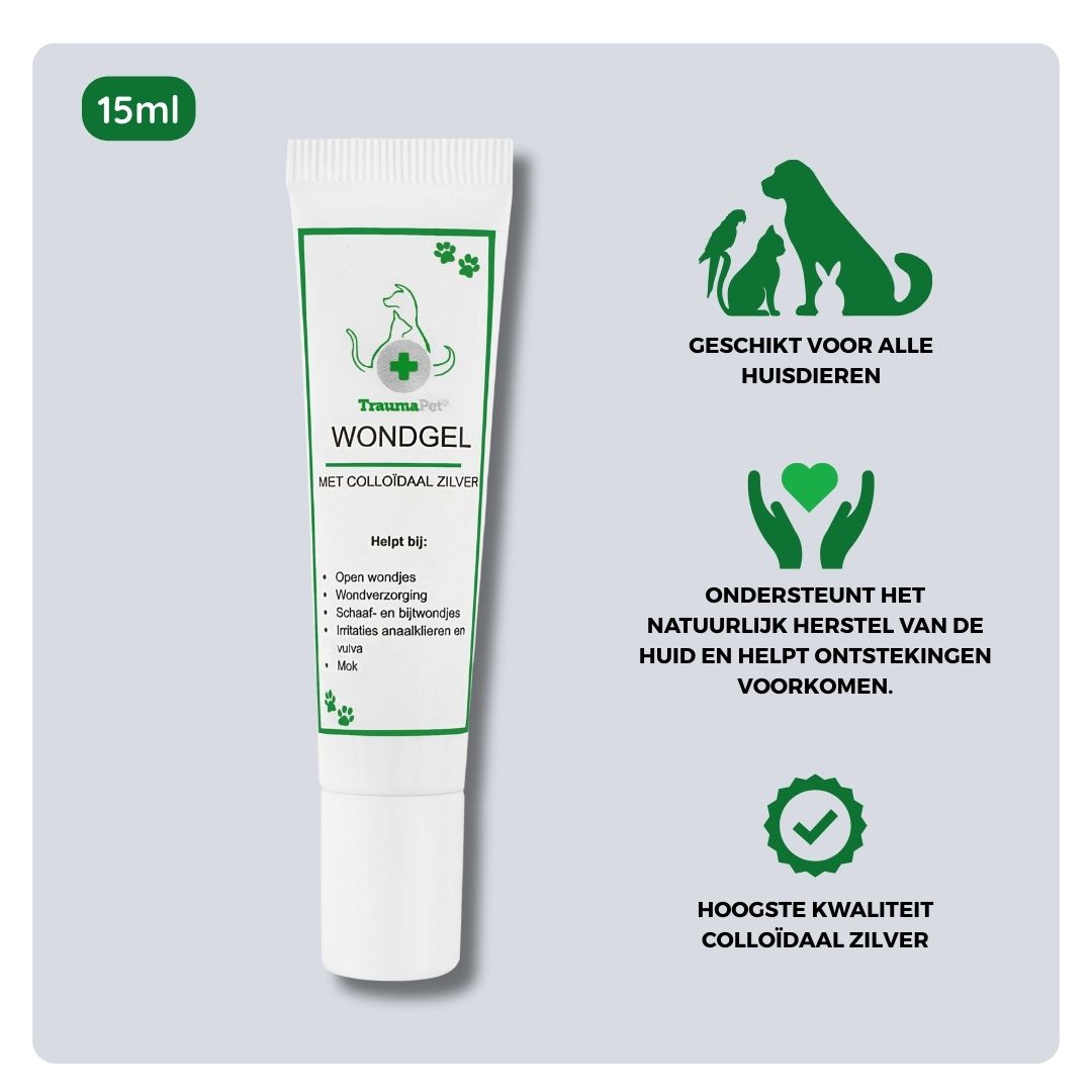 Overzicht van ingrediënten en toepassing van TraumaPet wondgel — met colloïdaal zilver, geschikt voor open wonden, schaafwonden, snijwonden en bijtwonden en ter ondersteuning van veilig en hygiënisch huidherstel bij hond en kat.